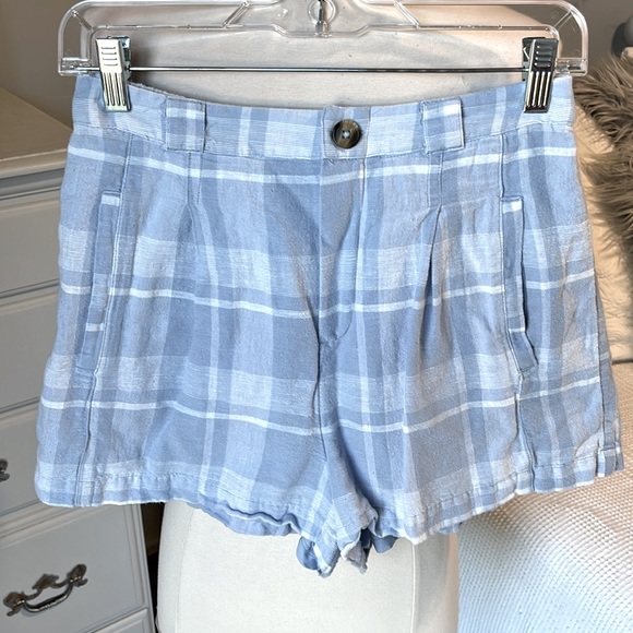American Eagle Cotton Linen Blue Plaid Shorts Comfy Elastic Back Waist Womens S - Picture 2 of 9